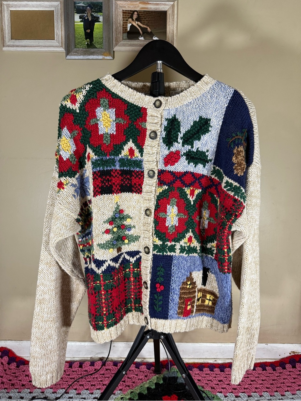 Vintage Gallagher Holiday Patchwork Knit Cardigan Sweater